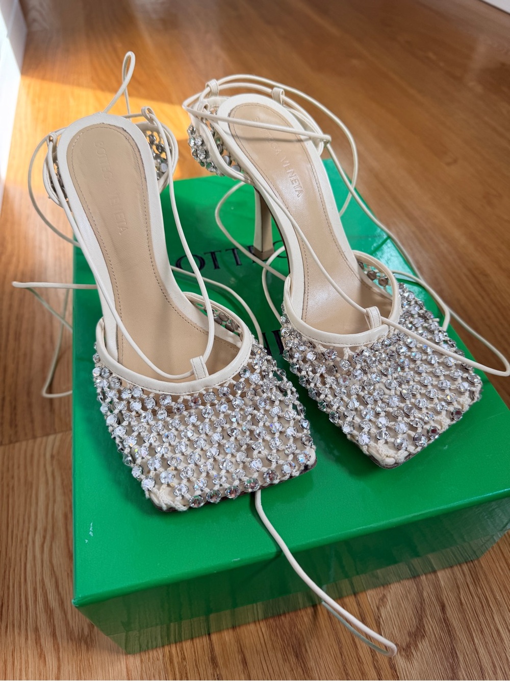 Bottega Veneta Ivory Crystal Embellished Lace-Up Heels